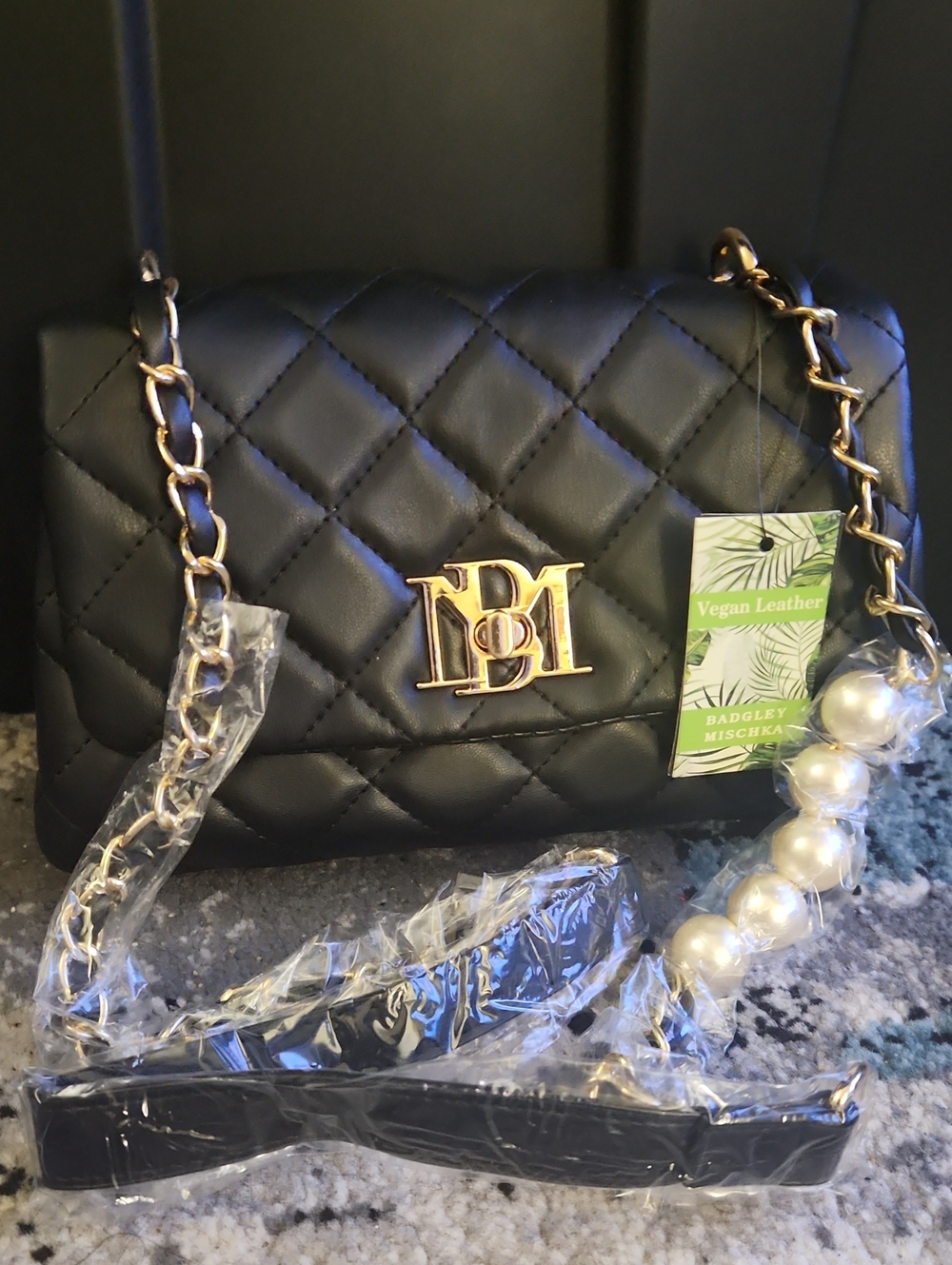 Mini Badgley Mischka Black Quilted Crossbody with Gold Chain and Pearl Detail